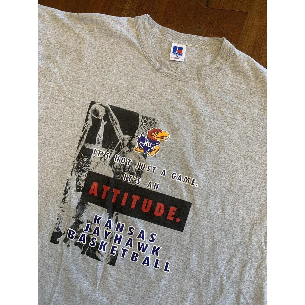 Vintage Kansas Jayhawk Basketball Attitude Shirt Russell Athletic Sz XL USA Made